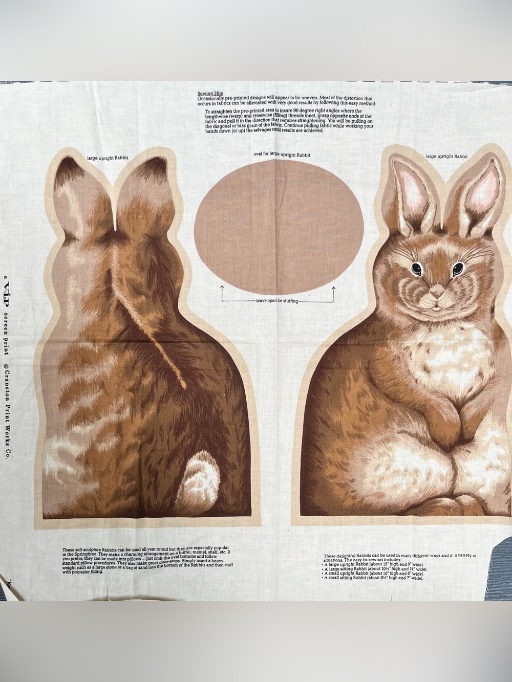 Vintage Cranston Print Works Cut-and-Sew Rabbit Fabric Panel Plush Pillow